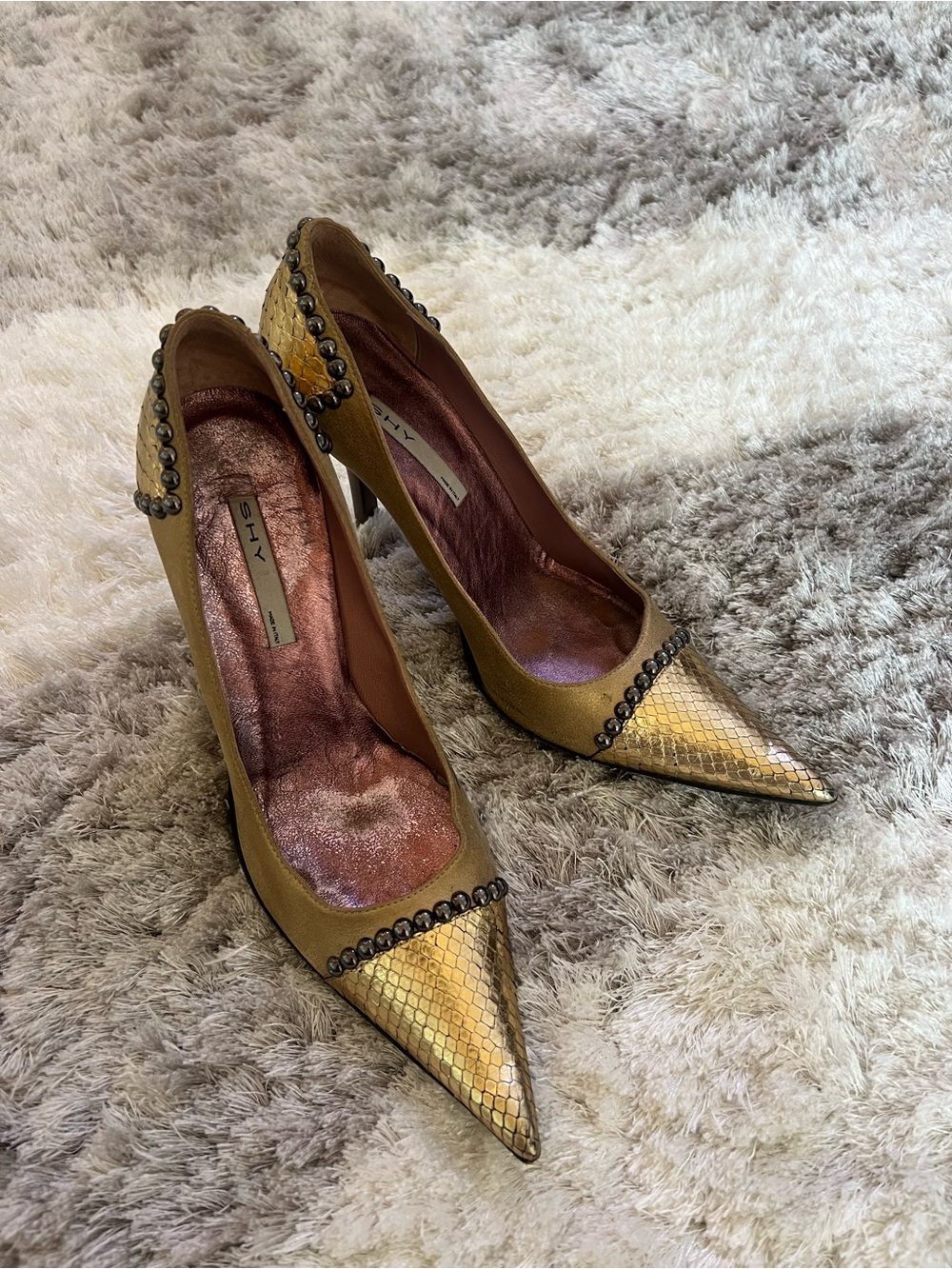 Vintage Gold Metallic Pointed-Toe Studded Pumps